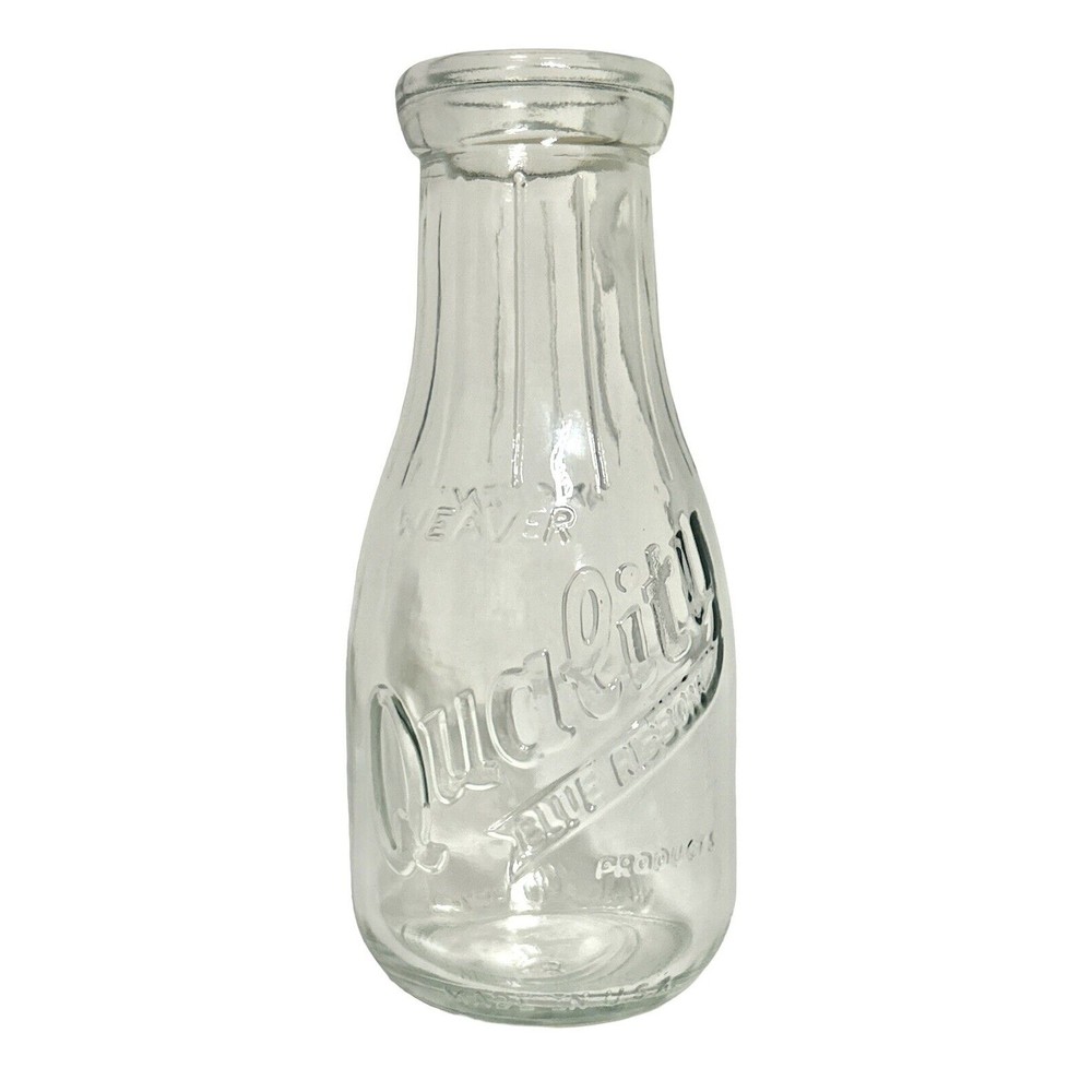 Weaver Quality Blue Ribbon One Pint Clear Glass Milk Bottle Wash Recycle USA Vtg